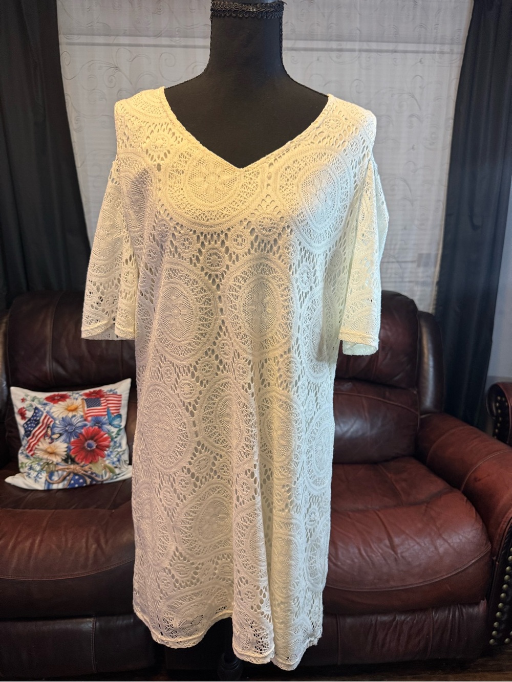 Tacera Cream Crochet Mini Dress Tunic